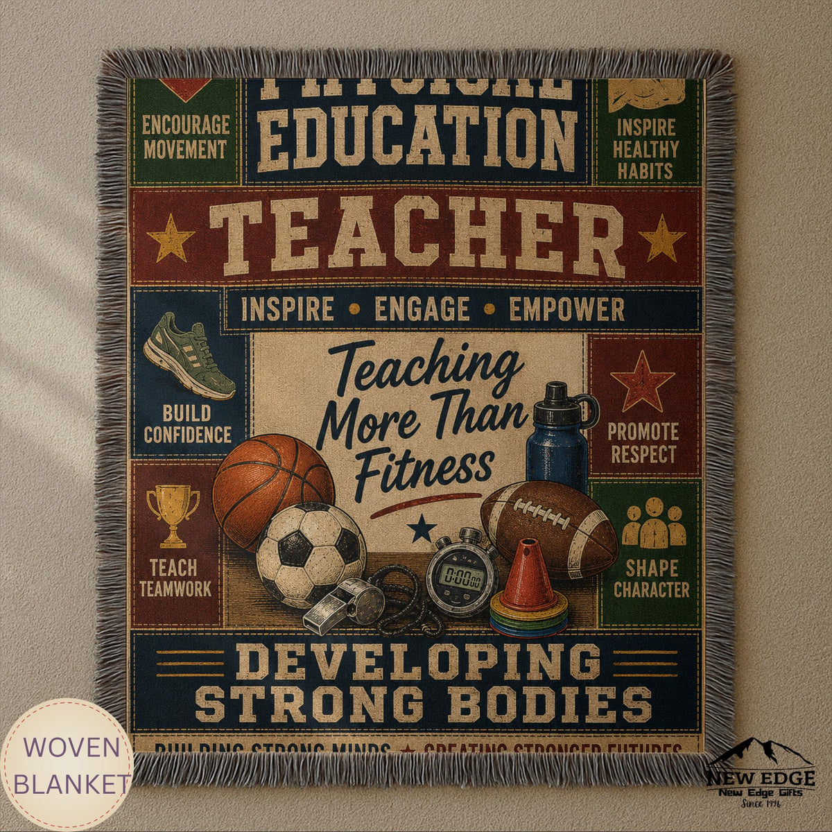 Physical Education Teacher Woven Blanket Developing Strong Bodies Creating Stronger Futures Faux Patchwork PE Teacher Gift