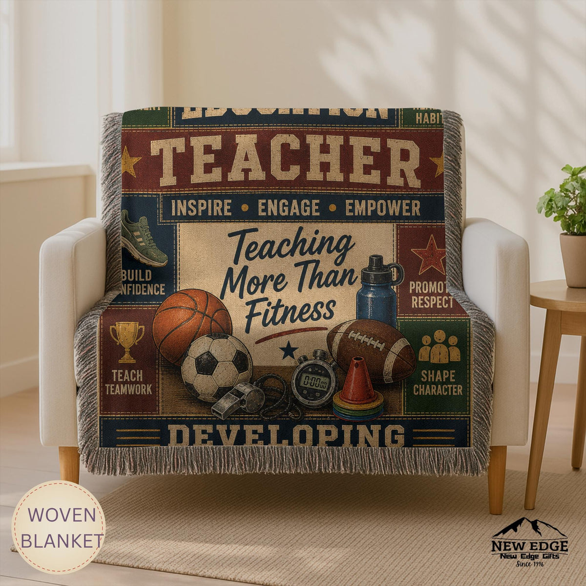 Physical Education Teacher Woven Blanket Developing Strong Bodies Creating Stronger Futures Faux Patchwork PE Teacher Gift