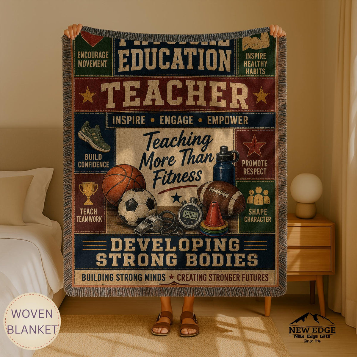 Physical Education Teacher Woven Blanket Developing Strong Bodies Creating Stronger Futures Faux Patchwork PE Teacher Gift