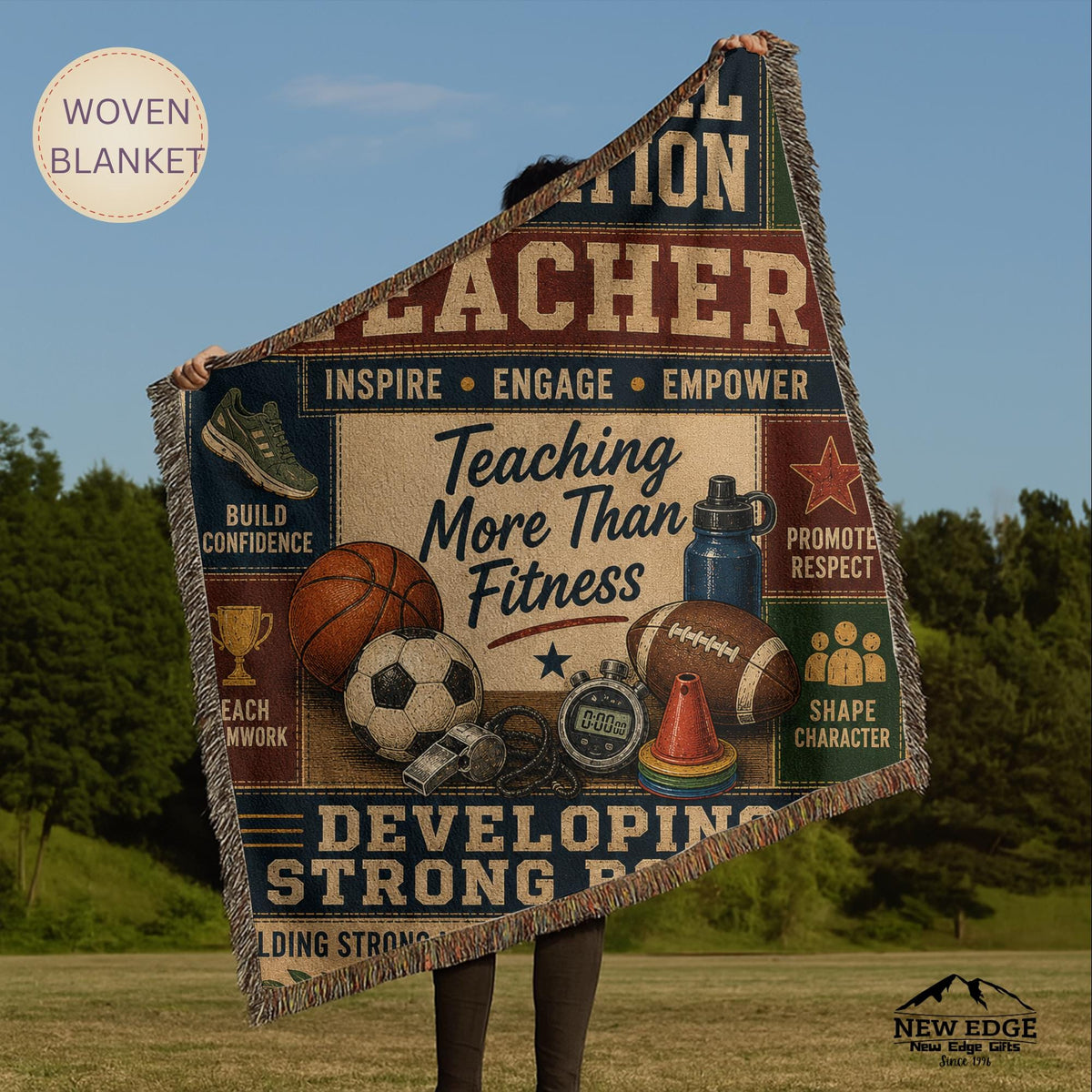 Physical Education Teacher Woven Blanket Developing Strong Bodies Creating Stronger Futures Faux Patchwork PE Teacher Gift