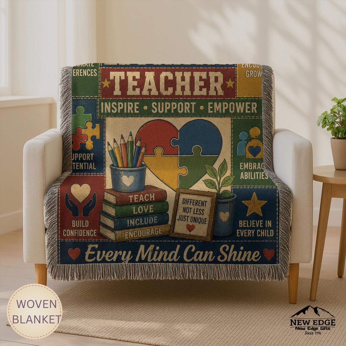 Special Education Teacher Woven Blanket Every Mind Can Shine Faux Patchwork Teacher Appreciation Gift Throw