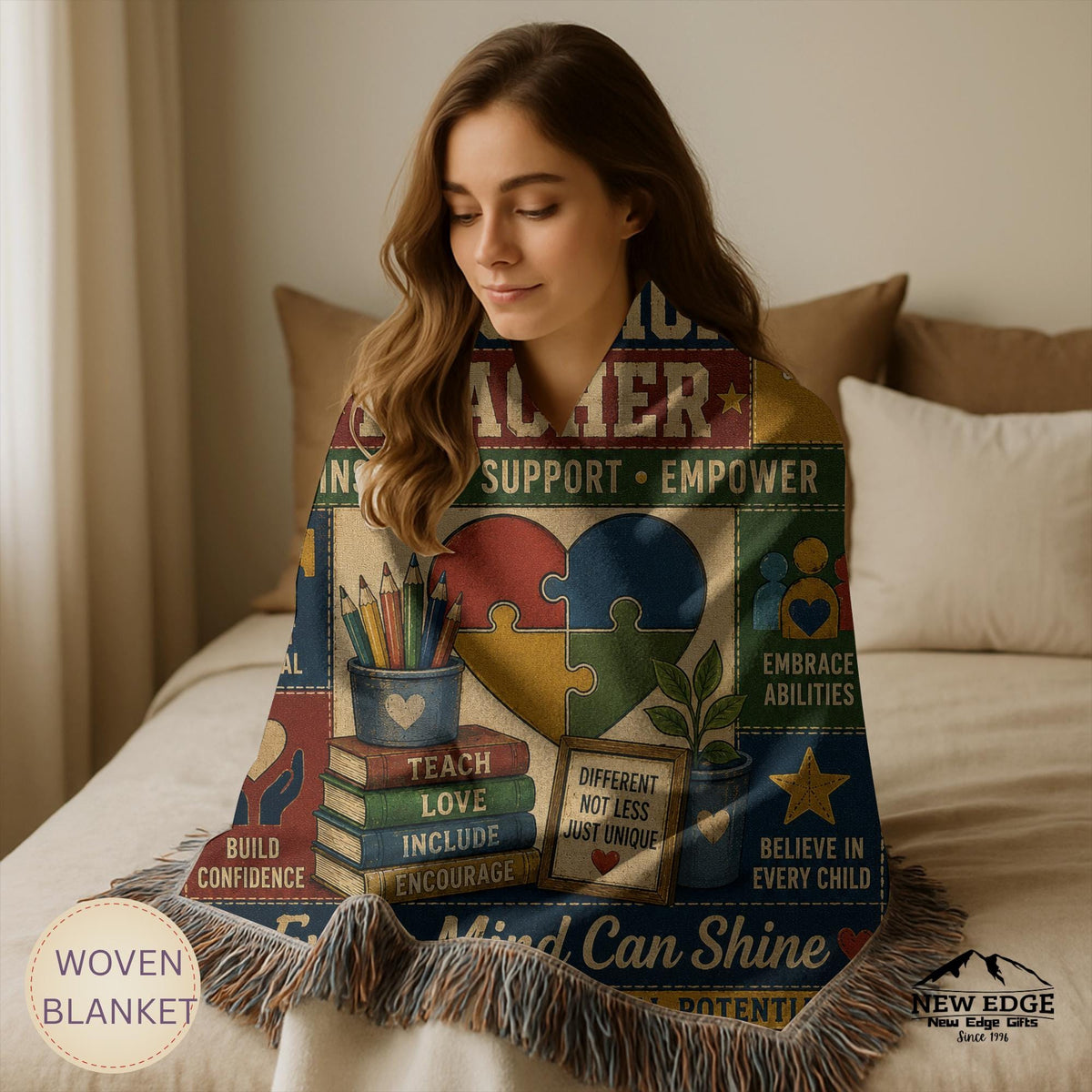 Special Education Teacher Woven Blanket Every Mind Can Shine Faux Patchwork Teacher Appreciation Gift Throw