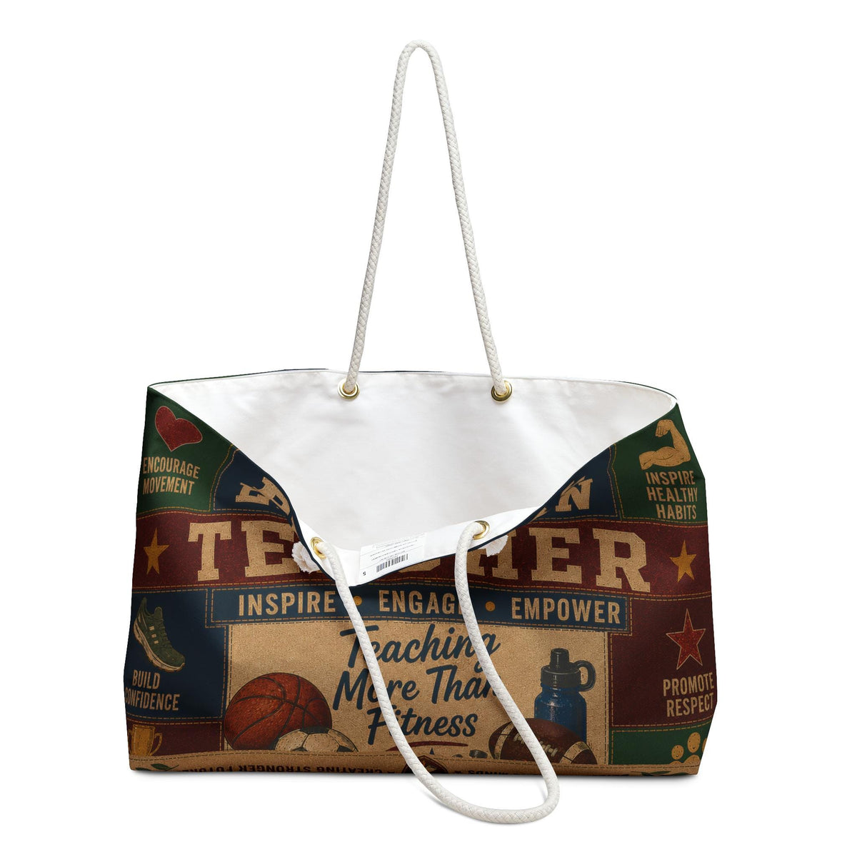 Physical Education Teacher Weekender Bag Developing Strong Bodies Faux Patchwork PE Teacher Travel Tote Gift