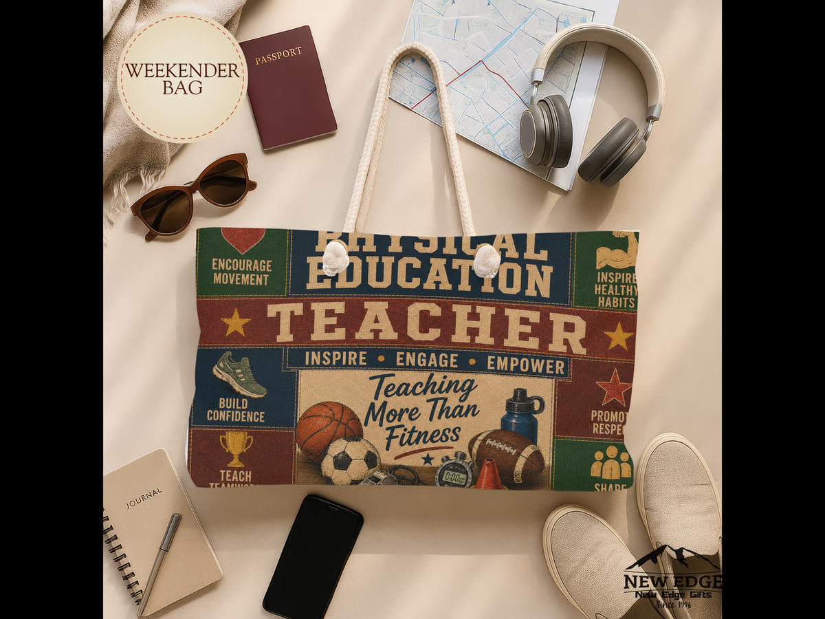 Physical Education Teacher Weekender Bag Developing Strong Bodies Faux Patchwork PE Teacher Travel Tote Gift