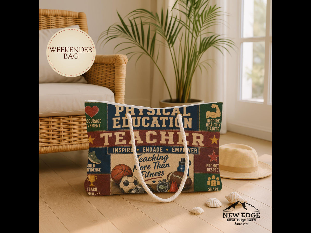 Physical Education Teacher Weekender Bag Developing Strong Bodies Faux Patchwork PE Teacher Travel Tote Gift