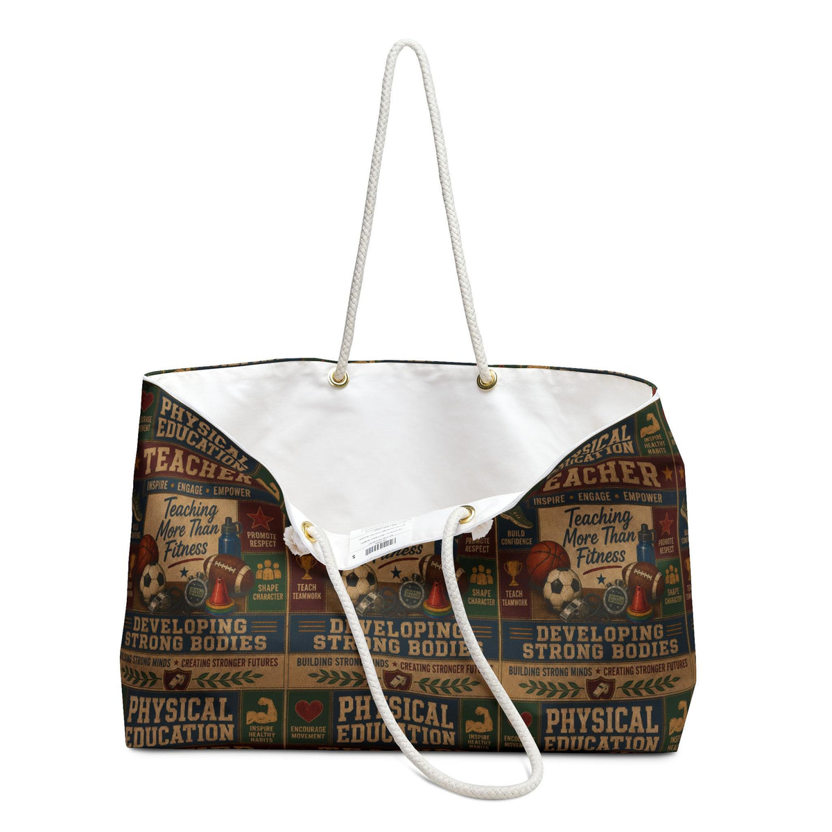 Physical Education Teacher Weekender Bag Developing Strong Bodies Faux Patchwork PE Teacher Travel Tote Gift