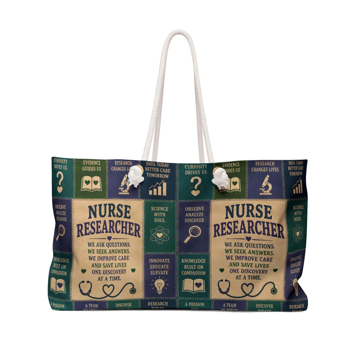 Nurse Researcher Weekender Bag We Ask Questions We Seek Answers Faux Patchwork Travel Tote Nurse Appreciation Gift