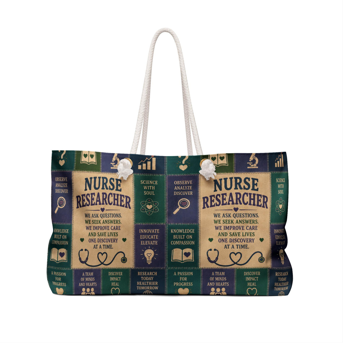Nurse Researcher Weekender Bag We Ask Questions We Seek Answers Faux Patchwork Travel Tote Nurse Appreciation Gift