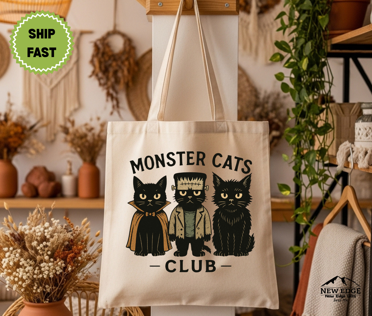 Monster Cats Club Halloween Tote Bag – Three Gangster Cats Cotton Canvas Bag, Funny Spooky Cat Lover Gift, Cool Halloween Tote
