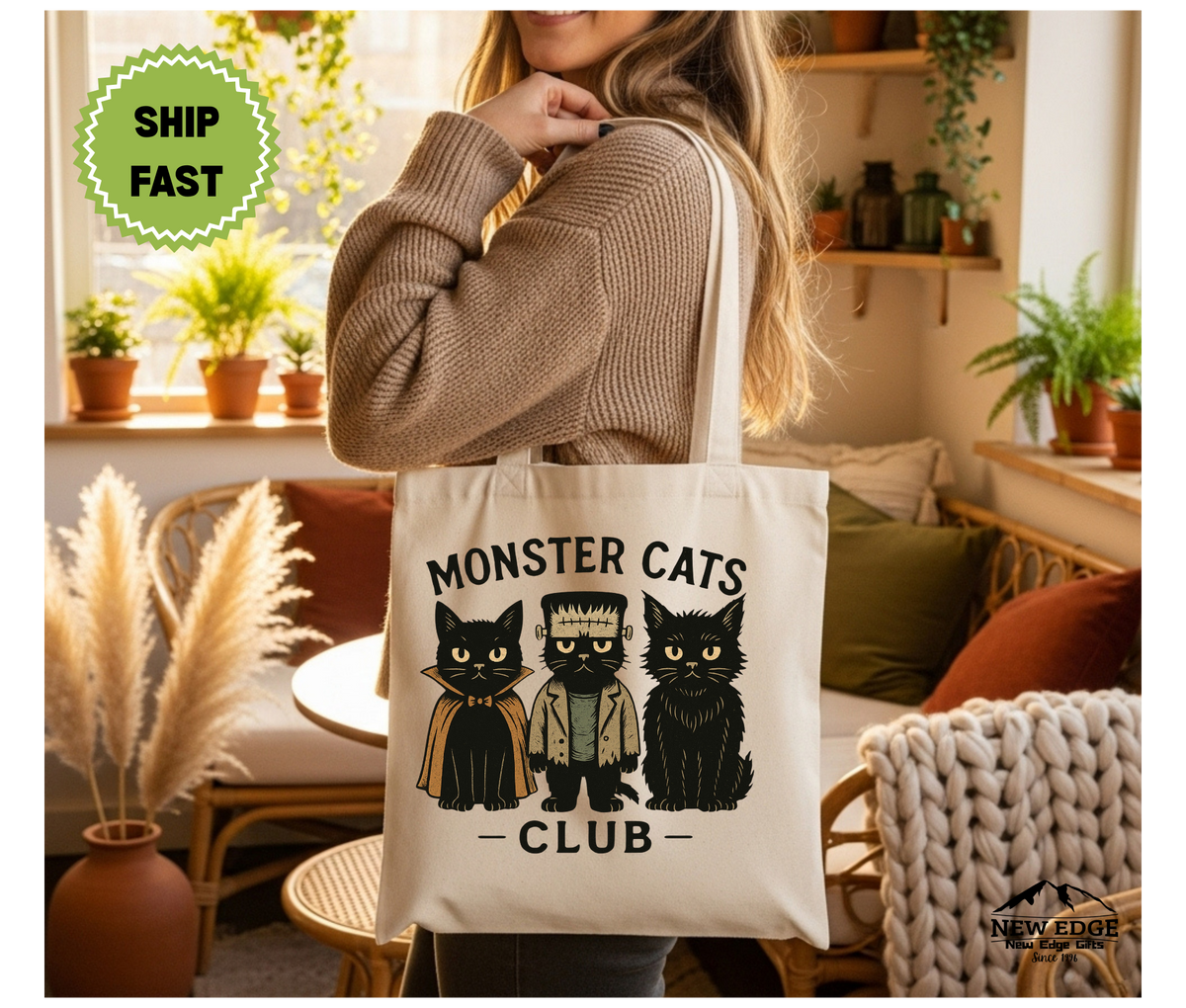 Monster Cats Club Halloween Tote Bag – Three Gangster Cats Cotton Canvas Bag, Funny Spooky Cat Lover Gift, Cool Halloween Tote
