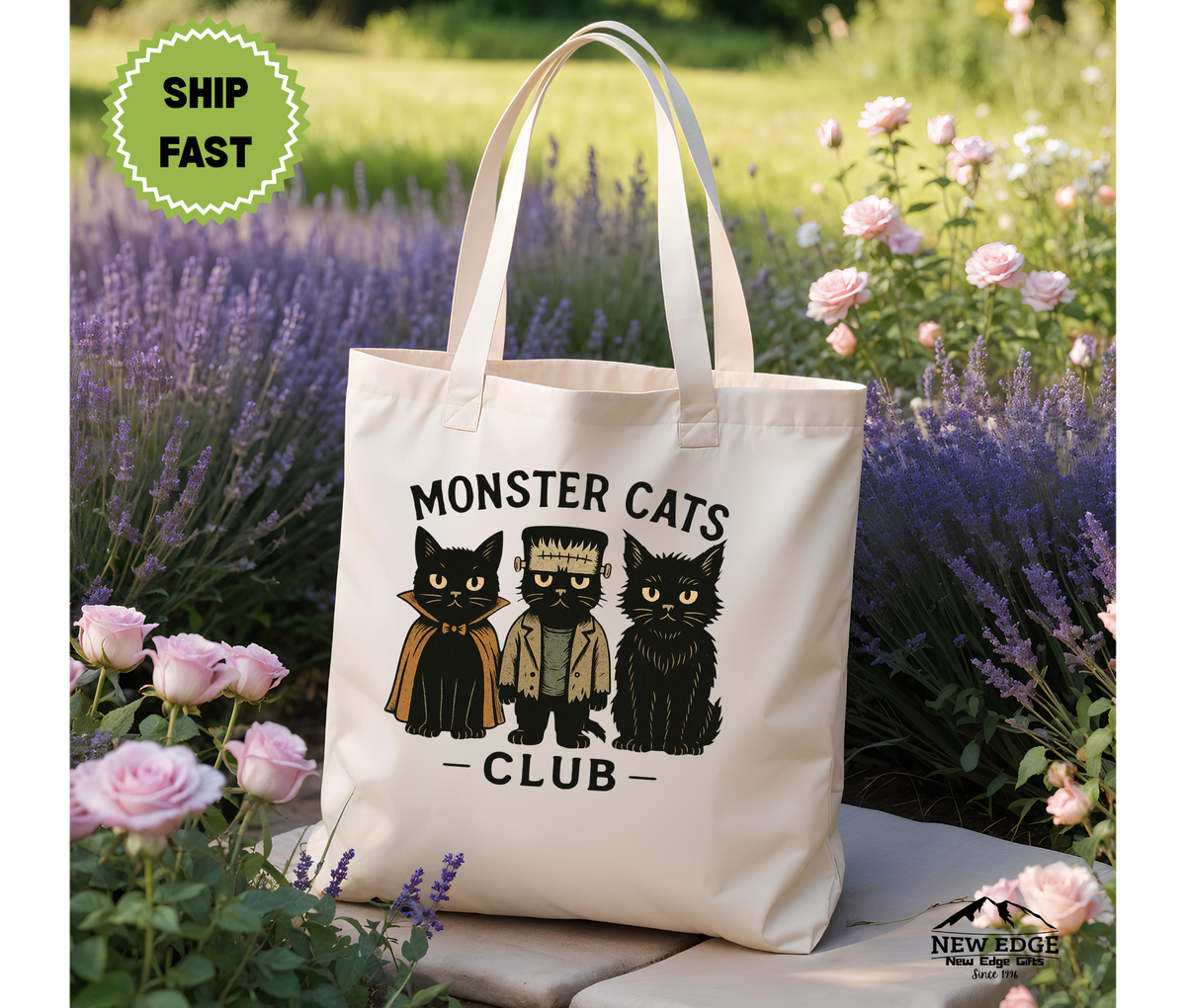 Monster Cats Club Halloween Tote Bag – Three Gangster Cats Cotton Canvas Bag, Funny Spooky Cat Lover Gift, Cool Halloween Tote