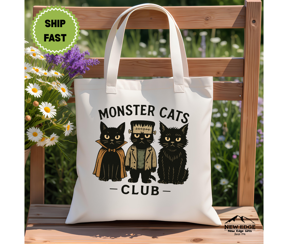 Monster Cats Club Halloween Tote Bag – Three Gangster Cats Cotton Canvas Bag, Funny Spooky Cat Lover Gift, Cool Halloween Tote