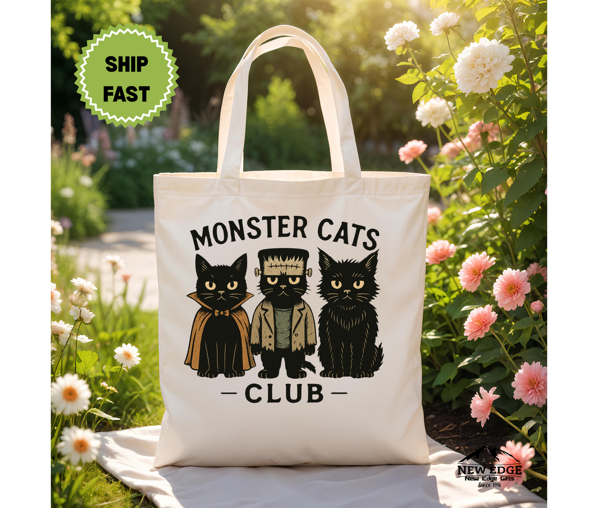 Monster Cats Club Halloween Tote Bag – Three Gangster Cats Cotton Canvas Bag, Funny Spooky Cat Lover Gift, Cool Halloween Tote