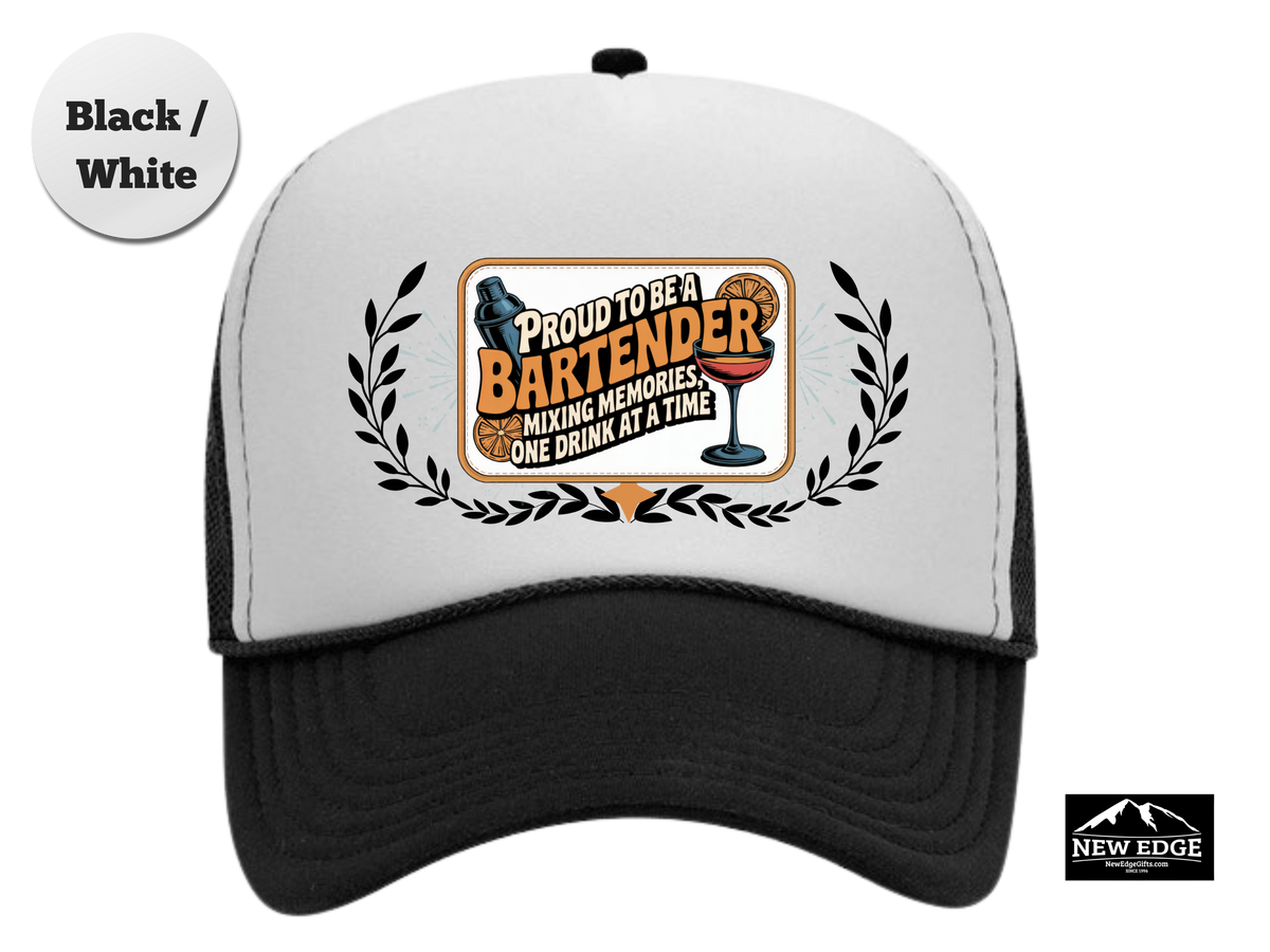 Bartender Trucker Hat – Proud to Be a Bartender, Mixing Memories One Drink at a Time – Bar Staff Mesh Cap Gift