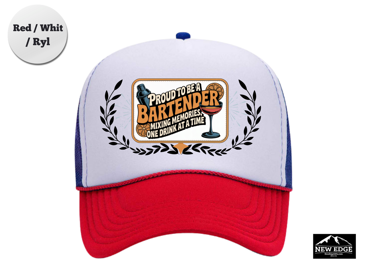 Bartender Trucker Hat – Proud to Be a Bartender, Mixing Memories One Drink at a Time – Bar Staff Mesh Cap Gift