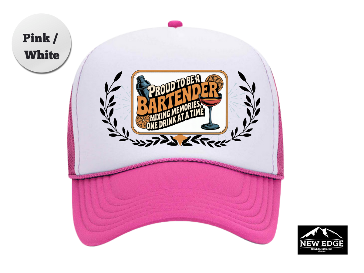 Bartender Trucker Hat – Proud to Be a Bartender, Mixing Memories One Drink at a Time – Bar Staff Mesh Cap Gift