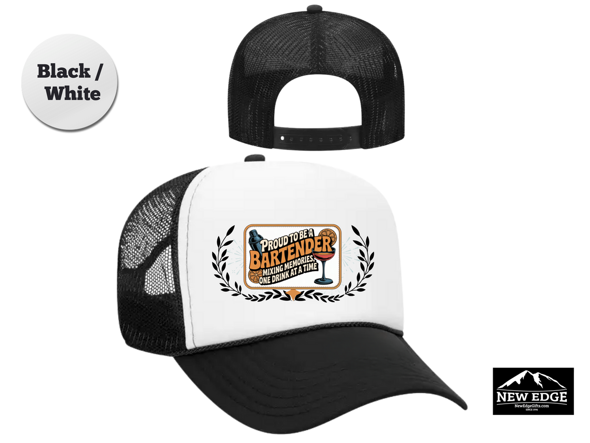 Bartender Trucker Hat – Proud to Be a Bartender, Mixing Memories One Drink at a Time – Bar Staff Mesh Cap Gift