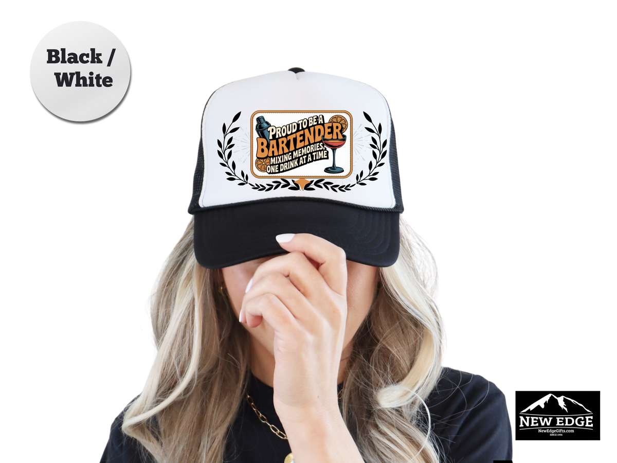Bartender Trucker Hat – Proud to Be a Bartender, Mixing Memories One Drink at a Time – Bar Staff Mesh Cap Gift