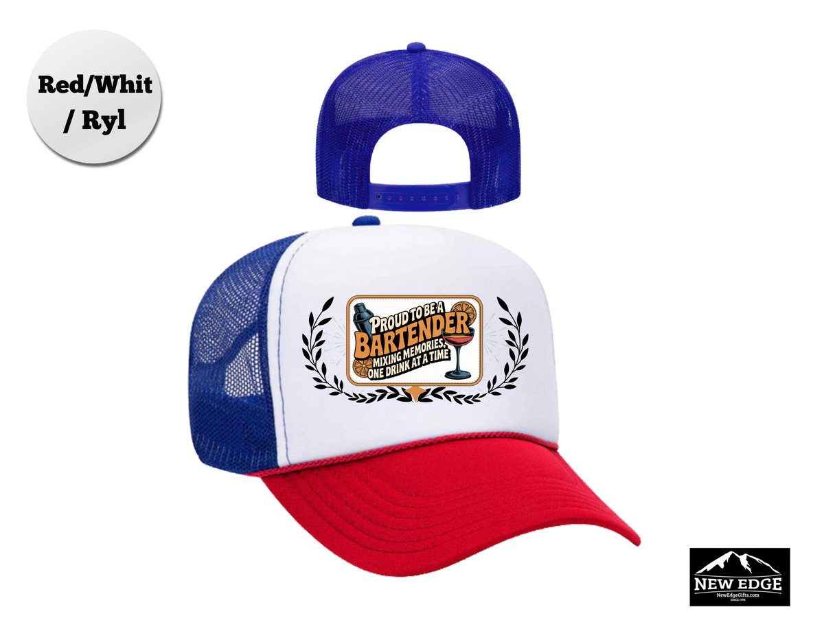 Bartender Trucker Hat – Proud to Be a Bartender, Mixing Memories One Drink at a Time – Bar Staff Mesh Cap Gift