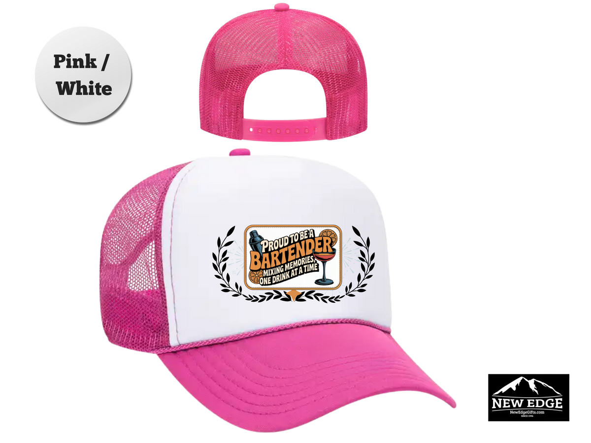 Bartender Trucker Hat – Proud to Be a Bartender, Mixing Memories One Drink at a Time – Bar Staff Mesh Cap Gift