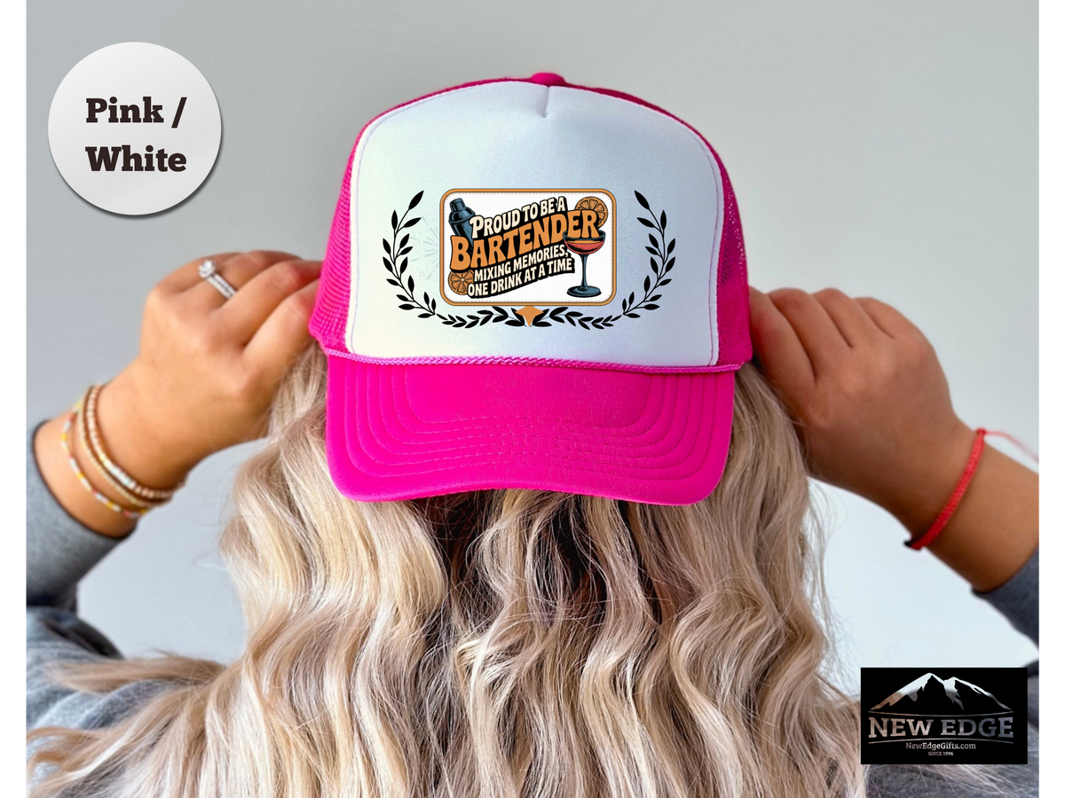 Bartender Trucker Hat – Proud to Be a Bartender, Mixing Memories One Drink at a Time – Bar Staff Mesh Cap Gift