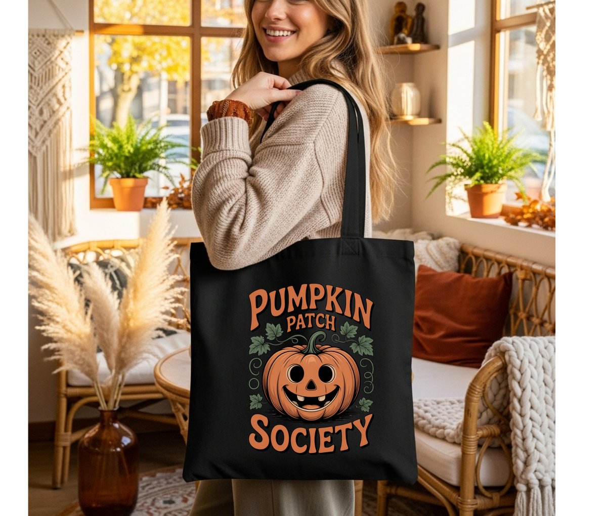 Pumpkin Patch Society Halloween Tote Bag – Fall Cotton Canvas Bag, Autumn Harvest Gift, Cozy Pumpkin Lover Tote for Spooky Season