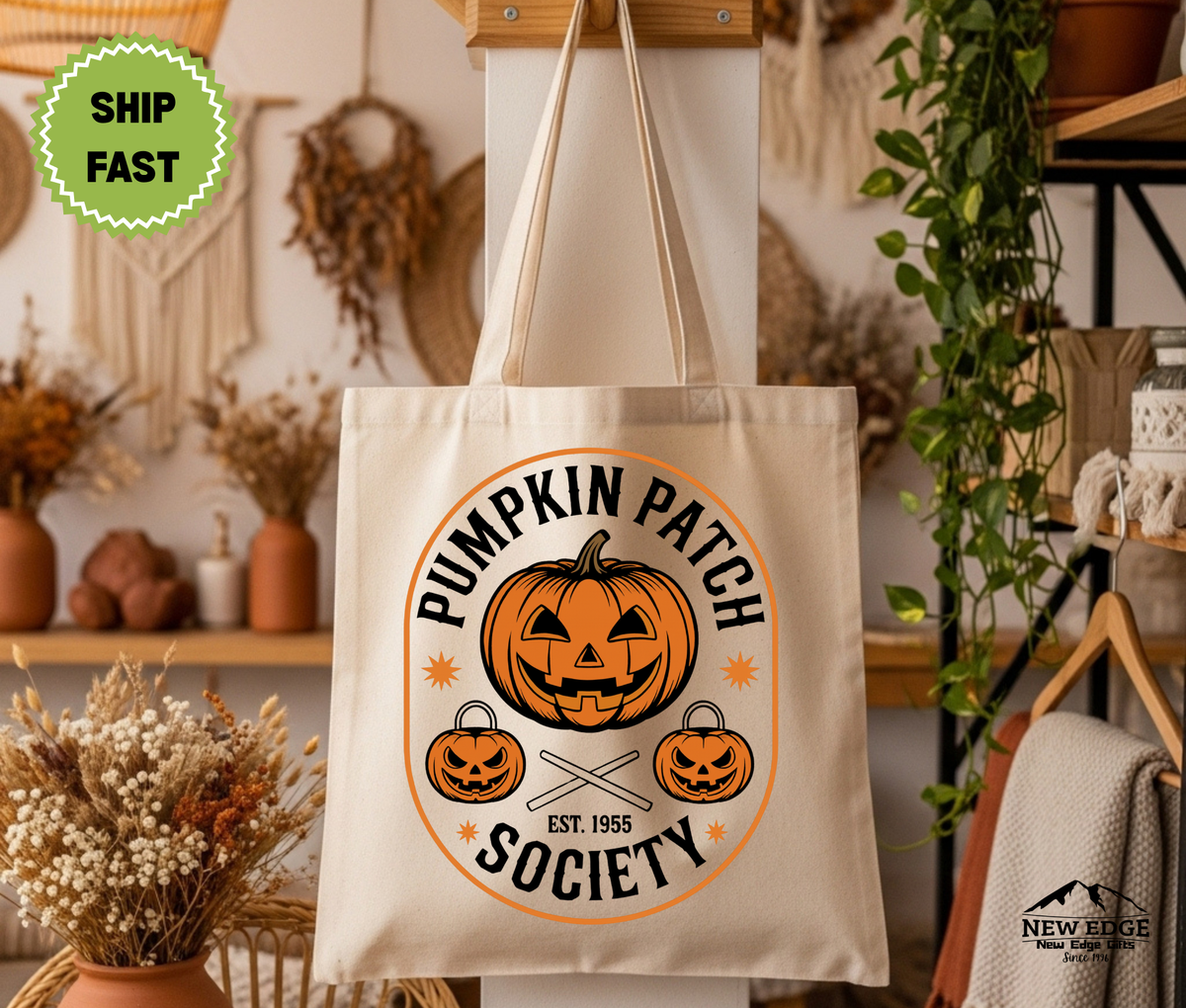 Pumpkin Patch Society Oval Design Halloween Tote Bag – Fall Cotton Canvas Bag, Autumn Pumpkin Lover Gift, Cozy Spooky Season Tote