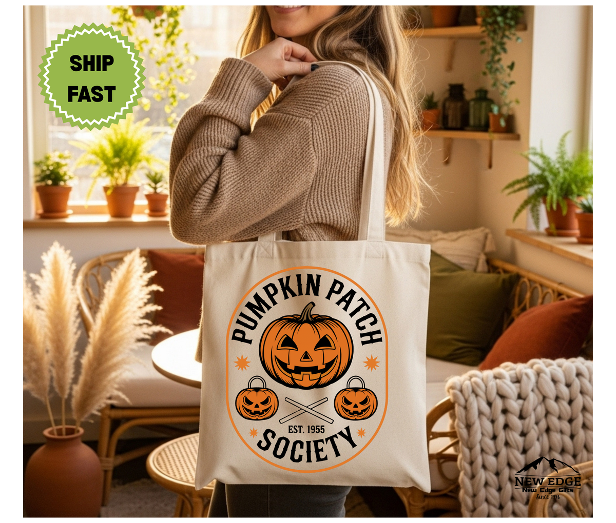 Pumpkin Patch Society Oval Design Halloween Tote Bag – Fall Cotton Canvas Bag, Autumn Pumpkin Lover Gift, Cozy Spooky Season Tote