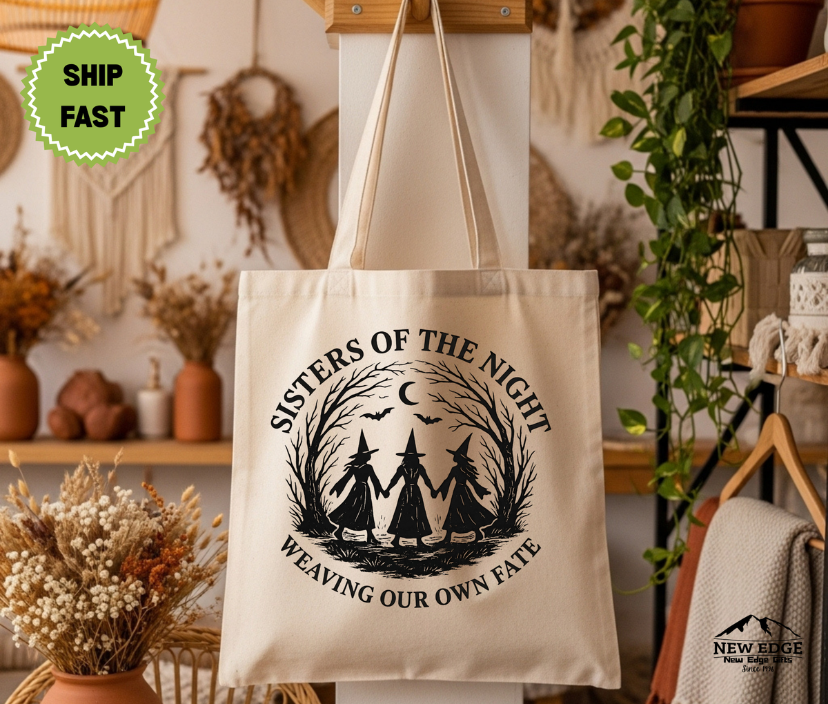 Sisters of the Night Halloween Tote Bag – “Weaving Our Own Fate” Cotton Canvas Bag, Witchy Gothic Gift, Dark Feminine Fall Tote