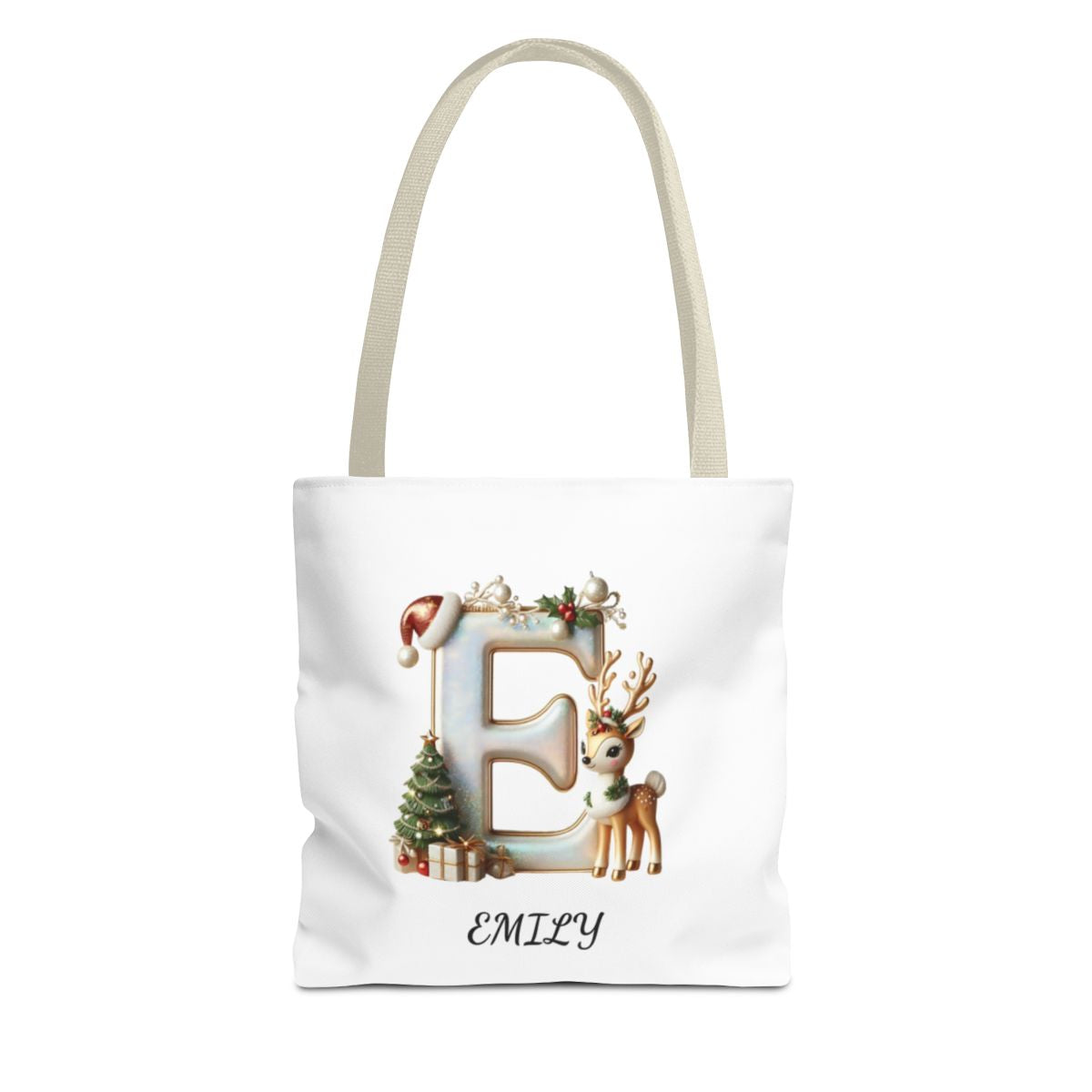 Tote Bag (AOP)Personalized Reindeer Christmas Name Tote Bag – Custom Initial Cotton Canvas Tote, Matching Holiday Group Bag & Reusable Xmas Shopping Tote