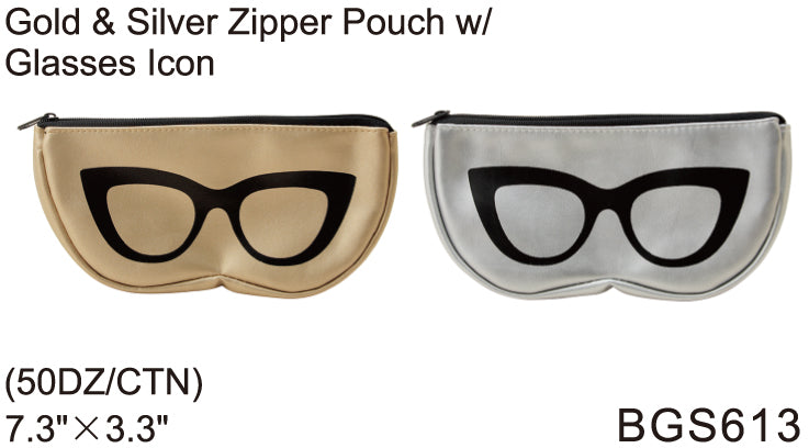 GOLD AND SILVER ZIPPER POUCH WITH GLASSES ICON