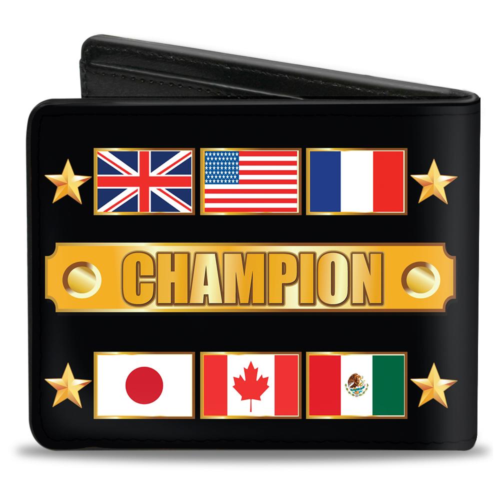 BI-FOLD WALLET - CHAMPION BELT FLAGS STARS BLACK GOLDS
