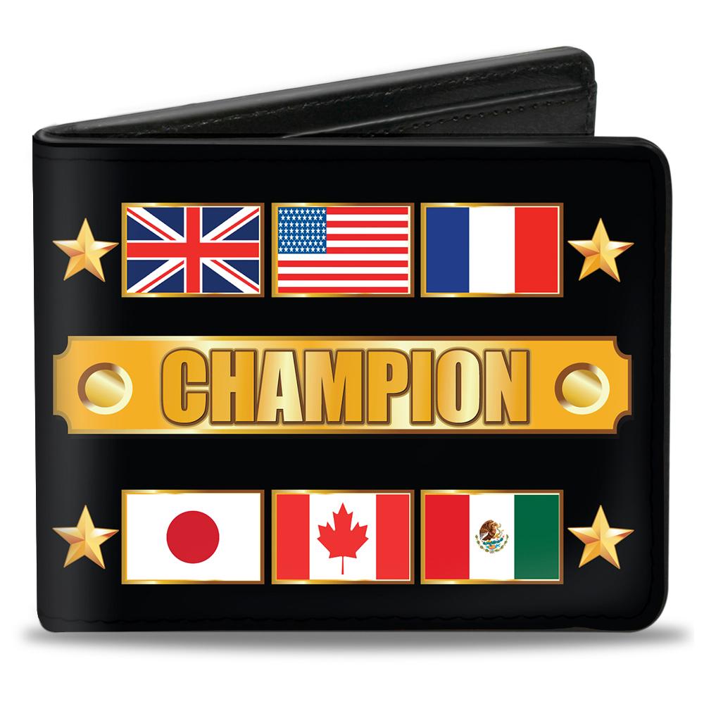 BI-FOLD WALLET - CHAMPION BELT FLAGS STARS BLACK GOLDS