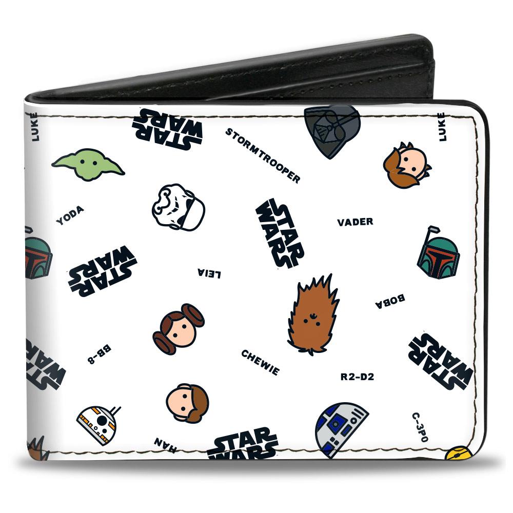 BI-FOLD WALLET - STAR WARS CHARACTER FACES AND NAMES SCATTERED WHITE BLACK