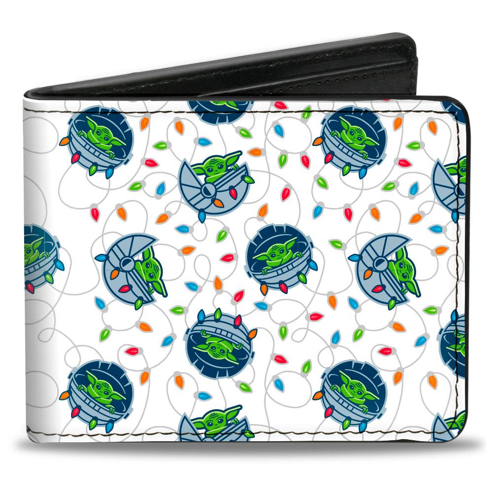 BI-FOLD WALLET - STAR WARS THE CHILD HOLIDAY LIGHTS CARRIAGE POD SCATTERED WHITE MULTI COLOR