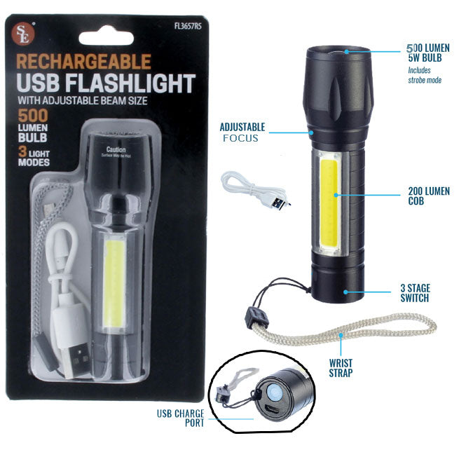 Rechargeable USB Flashlight With Adjustable Beam Size & Lanyard