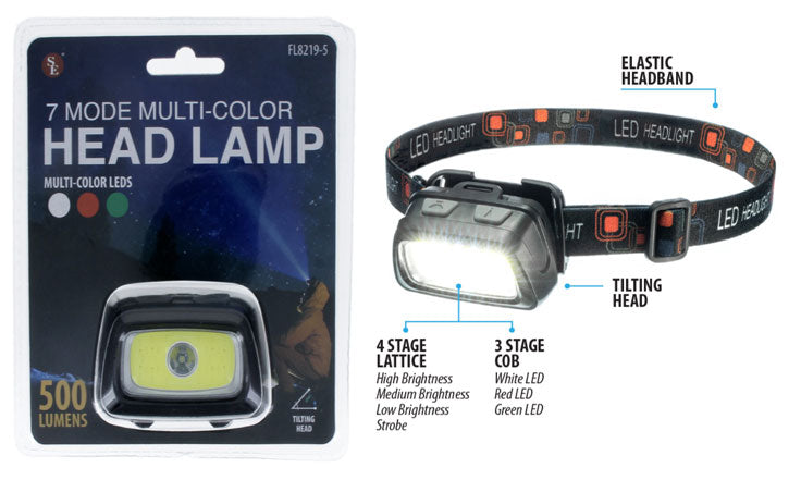 7 Mode Multi-Color Head Lamp (White, Red & Green LEDS