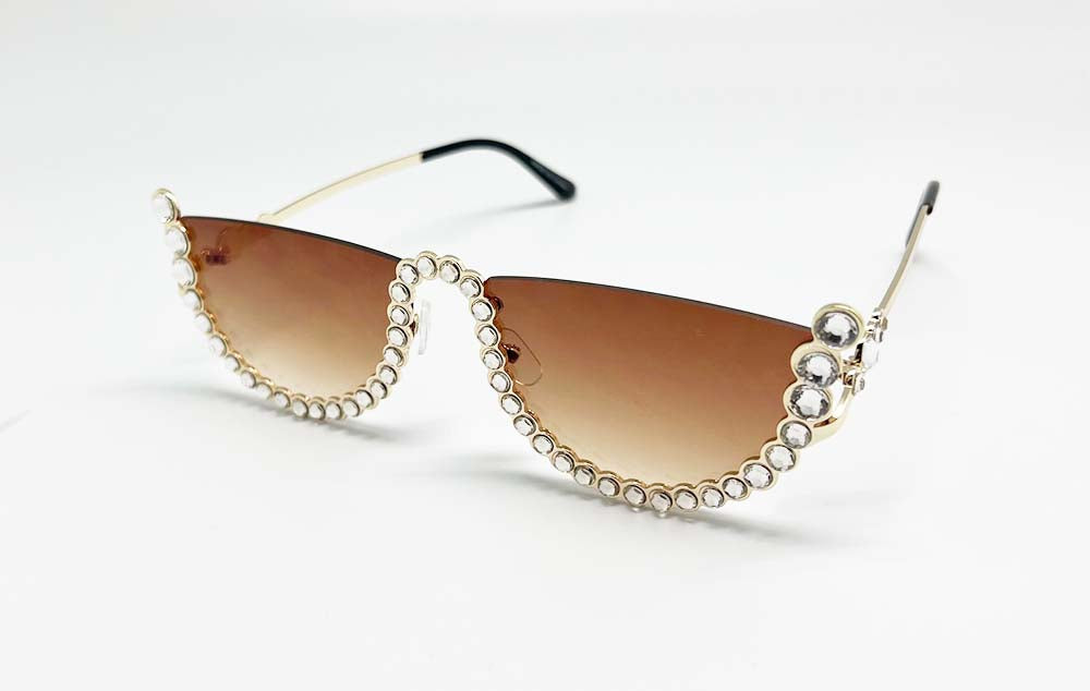 Semi-Rimless  Cut Cat Eye Rhinestone Fashion Sunglasses