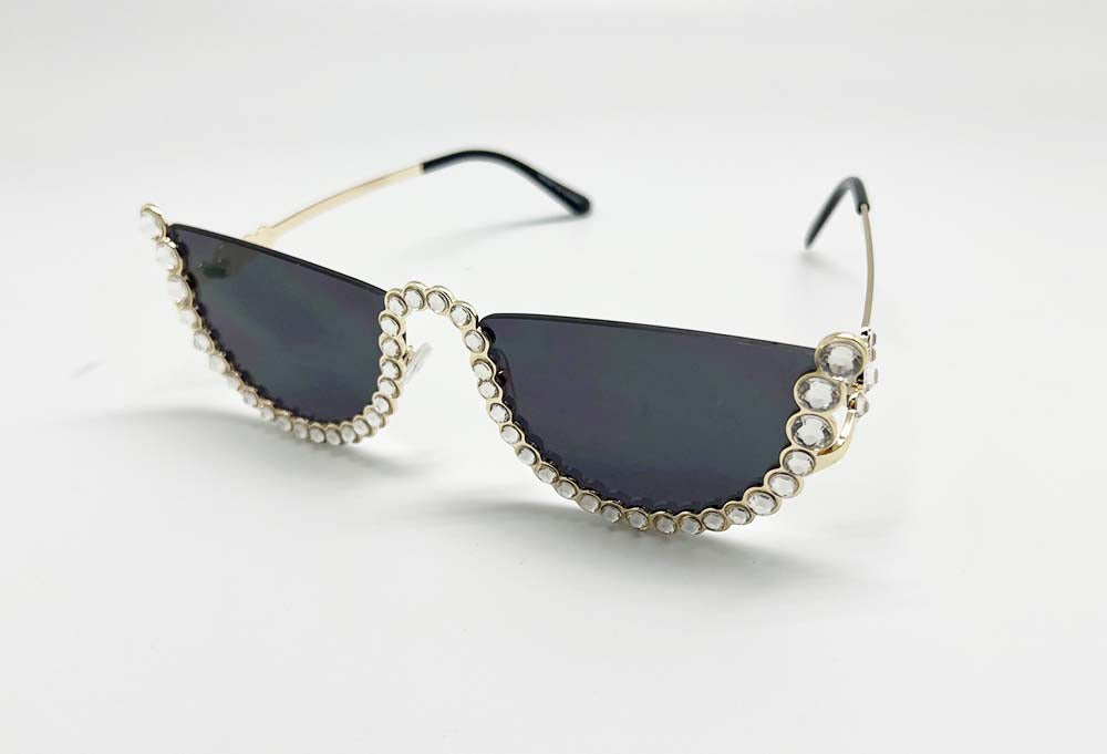 Semi-Rimless  Cut Cat Eye Rhinestone Fashion Sunglasses