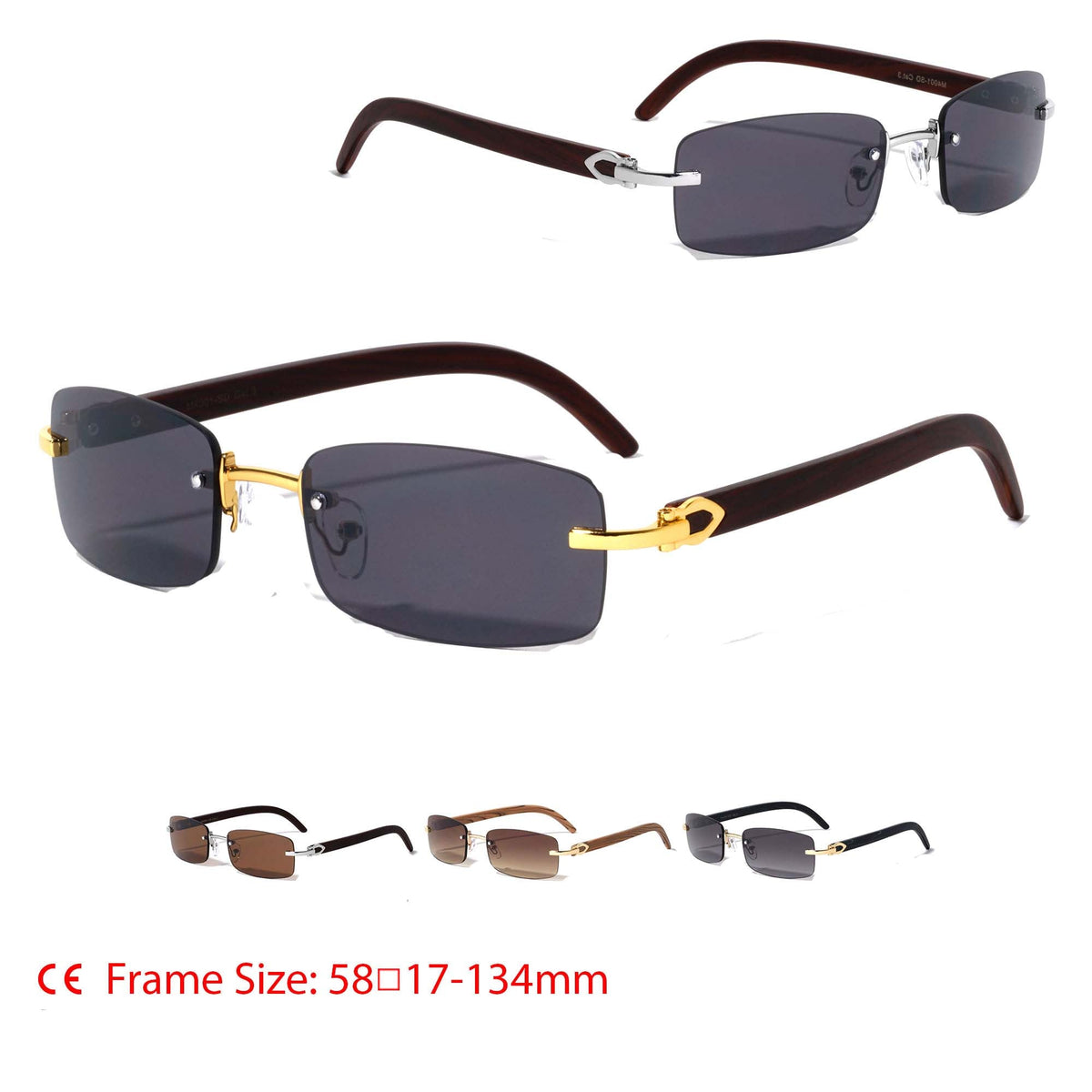 Rimless Super Dark Lens Wood Pattern Sunglasses