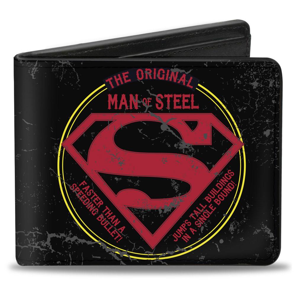 BI-FOLD WALLET - SUPERMAN THE ORIGINAL MAN OF STEEL BADGE WEATHERED BLACK RED YELLOW