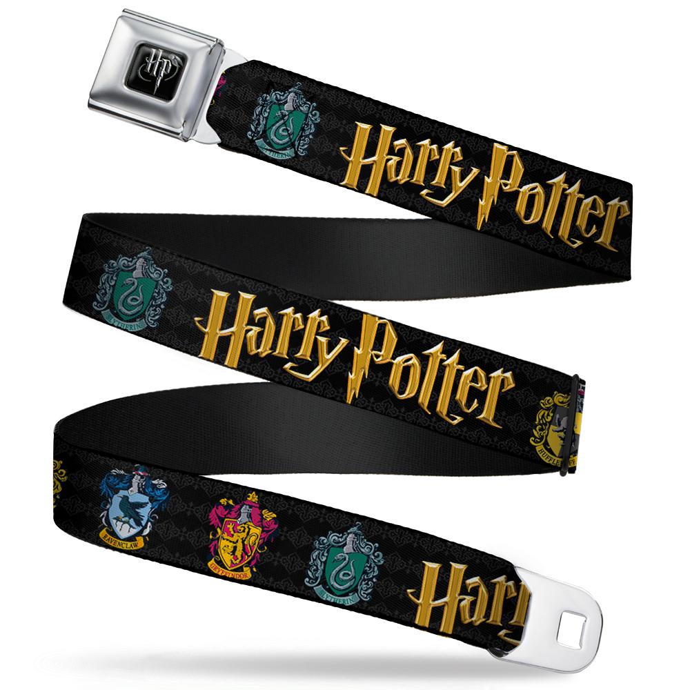 HARRY POTTER LOGO FULL COLOR BLACK/WHITE SEATBELT BELT - HARRY POTTER HUFFLEPUFF/RAVENCLAW/GRYFFINDOR/SLYTHERIN COAT OF ARMS BLACK WEBBING