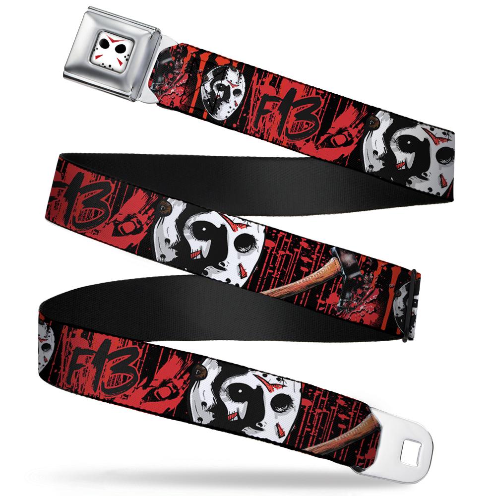 JASON MASK CLOSE-UP FULL COLOR BLACK/WHITE/RED SEATBELT BELT - FRIDAY THE 13TH/JASON MASK4/AXE BLOOD SPLATTER BLACK/RED/WHITE WEBBING